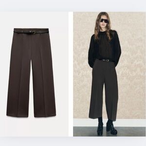 ZARA belted culottes ZW collection wide leg high rise grey taupe brown - XXL